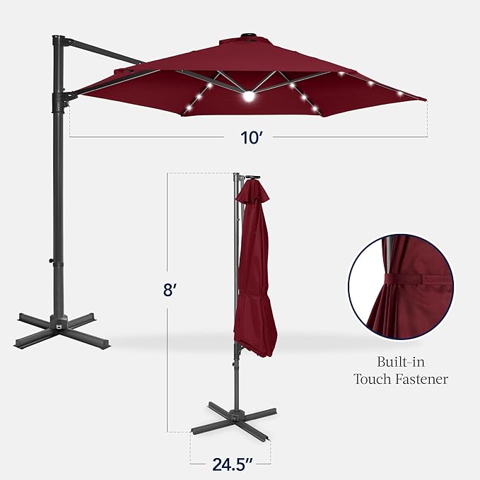 Best Choice Products 10ft Solar LED Offset Cantilever Hanging Market Patio Umbrella, Smooth 360° Rotation, 8 Sturdy Ribs, Easy Adjustment - Burgundy