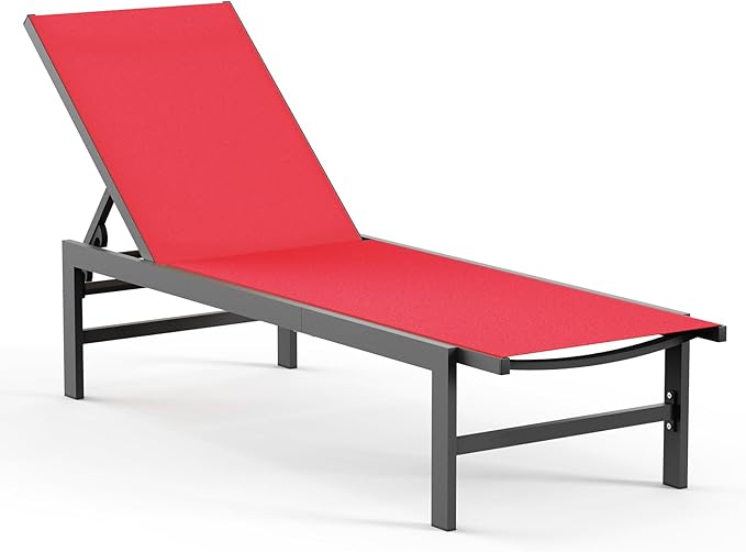 Outdoor Lounge Chair for Pool, Aluminum Chaise Lounge Chairs with 5-Position Recliner, Patio Lounge Chair for Backyard, Poolside, Deck, Lawn (Red)