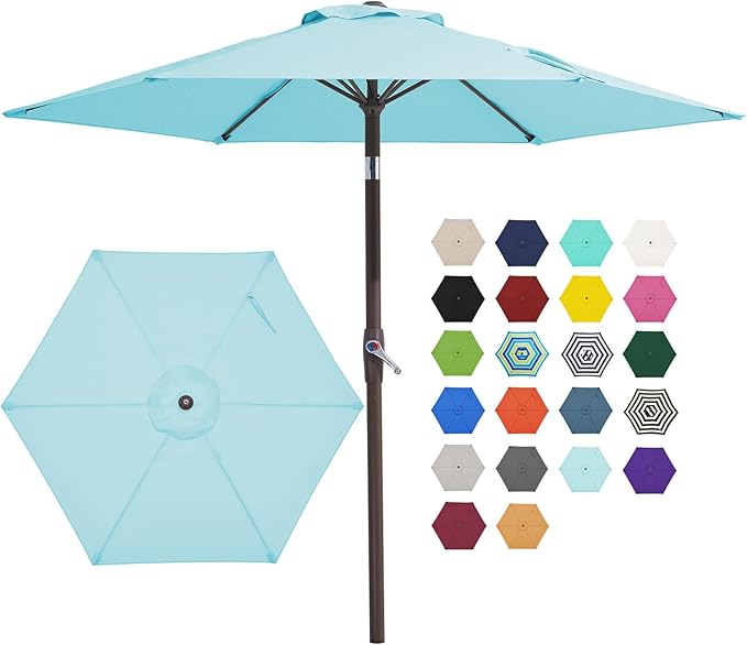 JEAREY 7.5FT Patio Umbrella Outdoor Market Umbrella with 6 Sturdy Ribs, Push Button Tilt/Crank Table Umbrella for Garden, Deck, Backyard and Pool, Baby Blue
