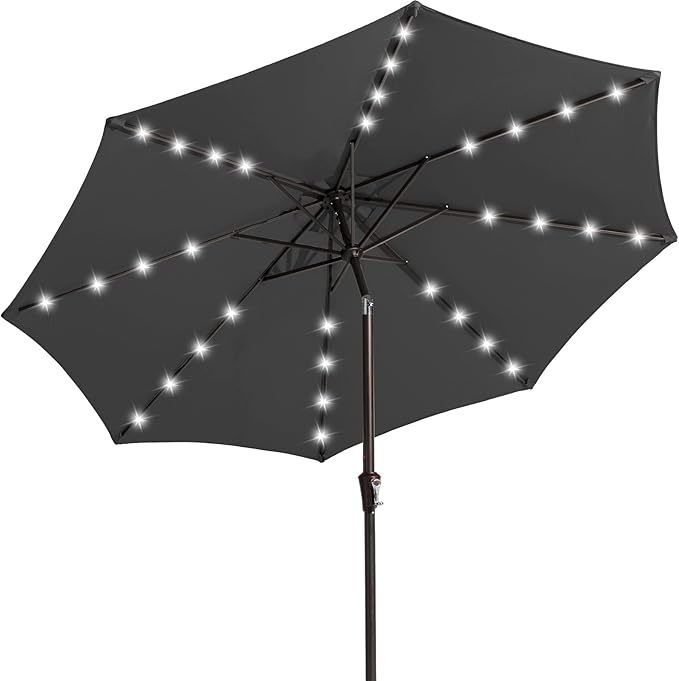 JEAREY 9FT Outdoor Patio Umbrella with Solar Lights, LED Lighted Pool Umbrella with Tilt and Crank, Outdoor Table Umbrellas for Deck, Yard & Market (Dark Gray)