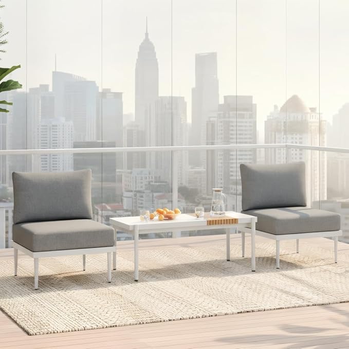 Sundale Outdoor 3 Pieces Patio Furniture Set, Metal Outdoor Sectional Sofa with Coffee Table, All-Weather Modern Outdoor Conversation Sets for Balcony, Porch, Poolside, Sunroom