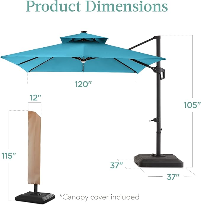 Best Choice Products 10x10ft Cantilever Patio Umbrella w/Base Included, Solar LED Lights 360 Rotation Large Offset Hanging Outdoor Shade for Deck Pool Backyard w/Stand – Sky Blue