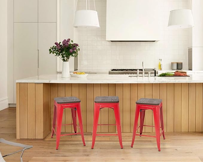 FDW Metal Bar Stools Counter Height Barstool Stackable Barstools Indoor Outdoor Patio Bar Stool Home Kitchen Dining Stool Backless Bar Chair (Red with Wood, 24")