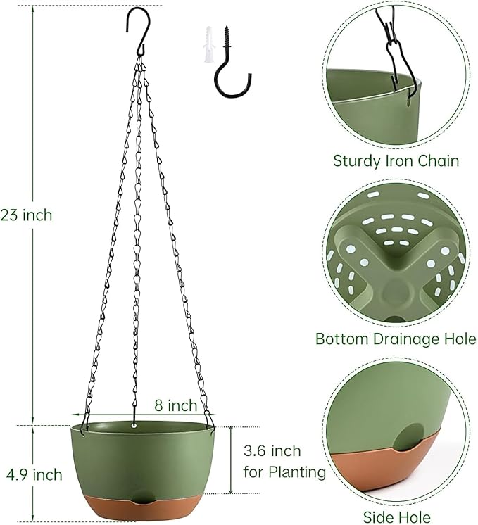 Hanging Planters for Indoor Plants, Set of 2 8/10 Inch Self-Watering Hanging Pots with Drainage Hole & Removable Water-Storage Tray II Screw-in Hooks