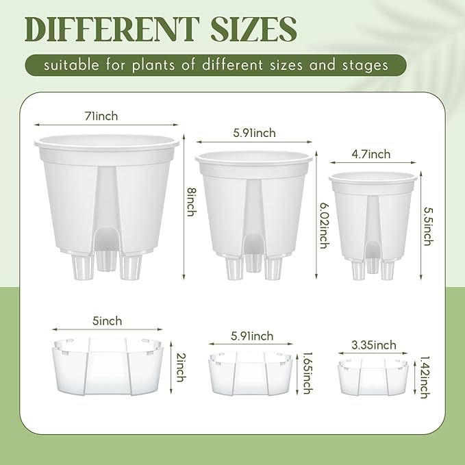 Self Watering Pots for Indoor Plants with Deep Reservoir and High Drainage Holes for Outdoor Plants and Flowers, Bare Root Planter(4.72'', 5.91'', 7.09'',White,9 Pcs)