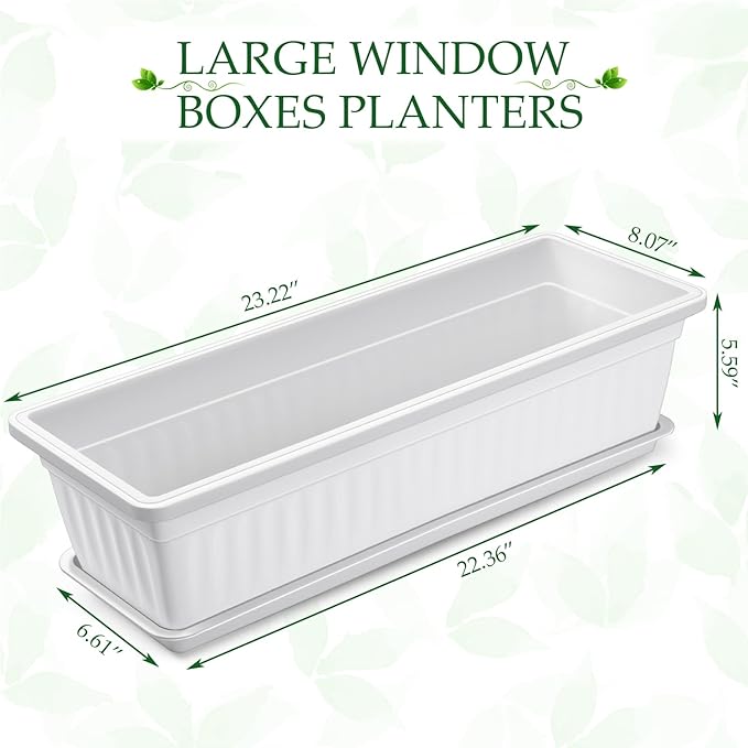 6 Packs 23 Inch Window Flower Box Extra Large Window Sill Herb Garden Long Rectangle Planter Plastic Boxes Outdoor with Drainage Trays Boxes for Balcony Windowsill Patio Garden