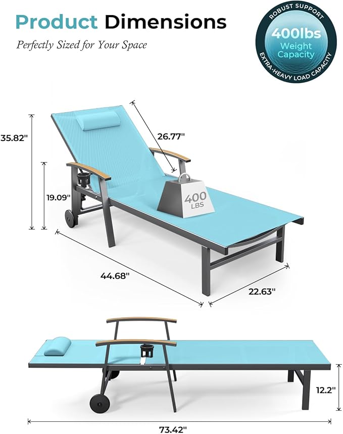 Ciokea Outdoor Lounge Chair with Pillow Set of 2, 5-Position Aluminum Chaise Lounge with Wheels & Armrests, 400 lbs Heavy Duty Patio Pool Chair for Backyard, Deck, Beach & Poolside, Lake Blue
