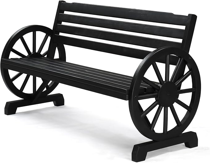 VINGLI Rustic Wooden Wheel Bench Outdoor Bench, Patio Bench Wagon Slatted Seat, Garden Benches for Outdoors 350lbs High Capacity, Weather Resistance (Black, 55in)