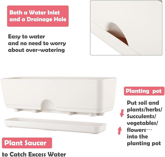 6 Pack Rectangle Planter 16x4.4 Inch Window Boxes Planters Rectangular Large Window Sill Planters Indoor Self Watering Plant Pots with Drainage Holes and Saucers Succulent Herb Flower Pots, Light Grey