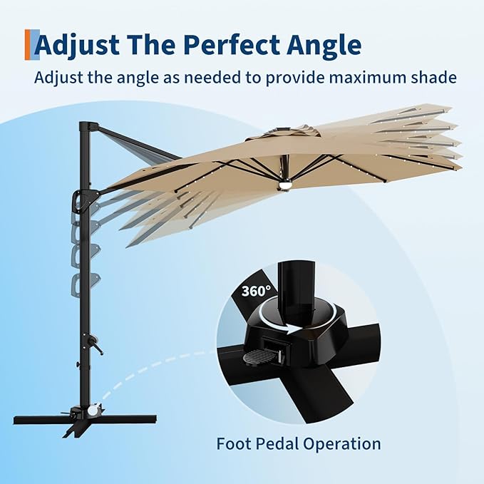 Garvee 10 ft Cantilever Patio Umbrella with Solar Lights, 360°Rotation Offset Umbrella, Easy Crank & Tilt Adjustment, UV Protection for Backyard, Poolside, Deck