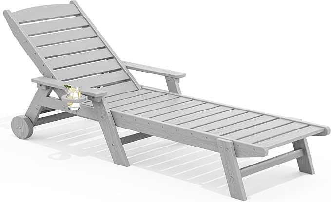 SERWALL Patio Chaise Lounge Chair, 78'' Long HDPE 5 Positions Adjustable Outdoor Lounger, Poly Lounge Chair with Rolling Wheels & Cup Holder for Pool, Space Gray