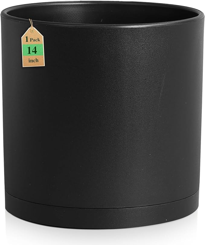 14 Inch Heavy-Duty Cylinder Deep Planter for Indoor Outdoor Plants, Tall Large Plastic Plant Pot with Drainage Holes and Saucer, Decorative Flower Pot for Patio Garden, Black