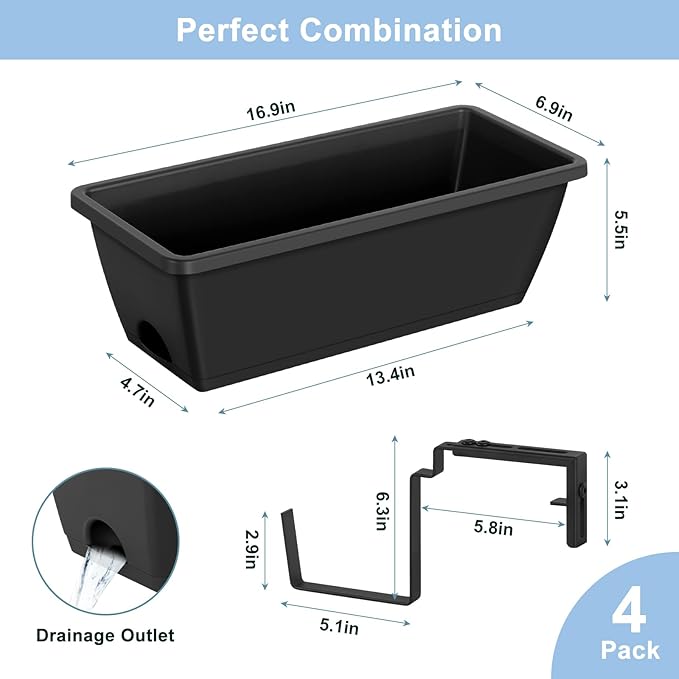smusei 4 Pack Window Boxes Planters 17’’ Railing Planter Box with Adjustable Brackets, Deck Railing Hanging Flower Pots Rectangular Herb Planter for Outdoor Fence Garden, Balcony Decor