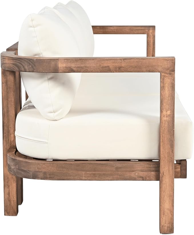 Merax 3 Seater Outdoor Acacia Wood Patio Sofa with Cushions for Porch, Garden, Backyard, Balcony, Brown wash, Beige Cushion