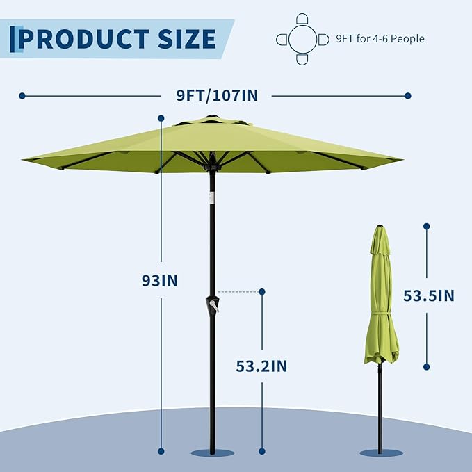 Garvee 9FT Patio Umbrella - Outdoor Table Umbrella with Smooth Crank Lift, Push Button Tilt and 8 Sturdy Ribs - Market Umbrella UV Protection Waterproof for Pool, Deck, Yard, Garden -Apple Green