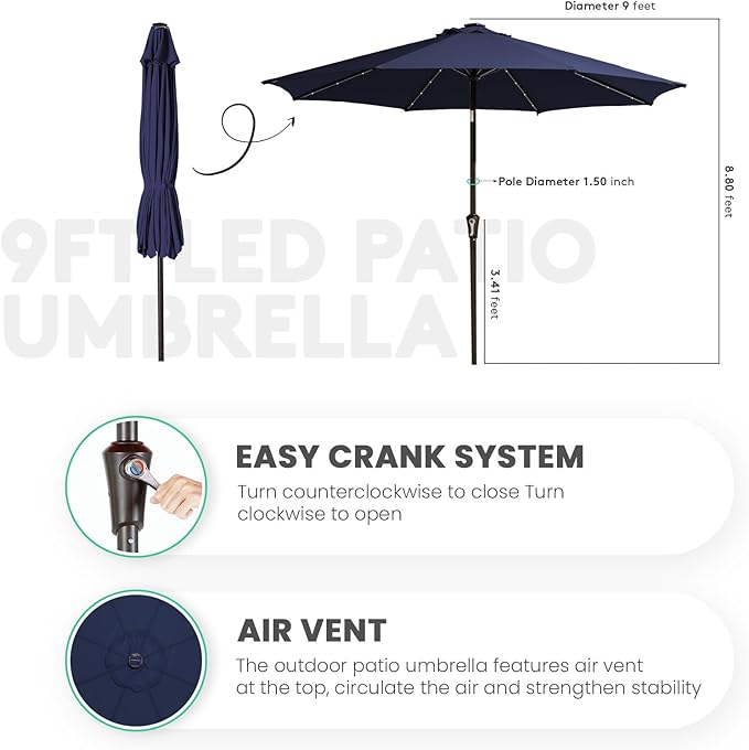 JEAREY 9FT Outdoor Patio Umbrella with Solar Lights, LED Lighted Pool Umbrella with Tilt and Crank, Outdoor Table Umbrellas for Deck, Yard & Market (9ft, Navy Blue)