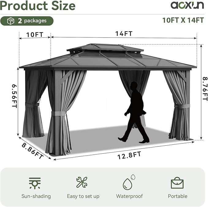 Aoxun 10'x14' Hardtop Gazebo, Aluminum Frame Permanent Pavilion with Curtains and Netting, Outdoor Polycarbonate Double Roof Canopy, Gray
