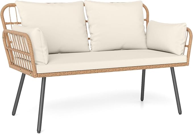 Tangkula Patio Wicker Loveseat, Outdoor Rattan 2-Seat Cushioned Sofa with Heavy Duty Metal Frame, for Backyard,Porch,Poolside (Off White)