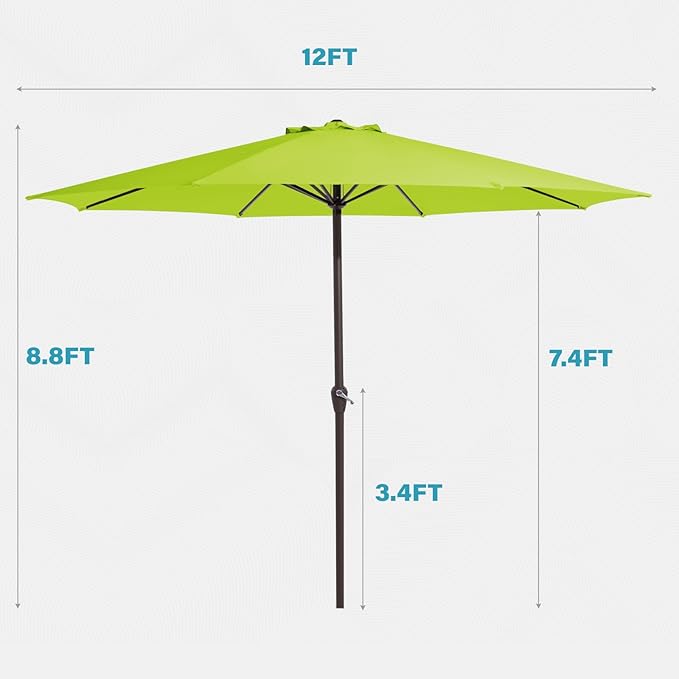 MEWAY 12ft Patio Umbrella Outdoor Table Umbrellas with Crank, Market Umbrella 8 Sturdy Ribs for Deck, Garden, Pool and Backyard, Apple Green