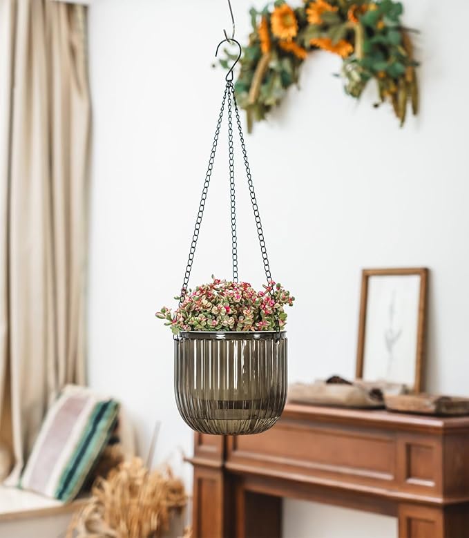 Josteve 6.5 Inch 2 Pcs Self Watering Hanging Planter Indoor Plant Pots Drainage Holes, Outdoor Hanging Planters Flower Pot Basket, Visible Water Level, Plant Hanger Home Decor, Gardening
