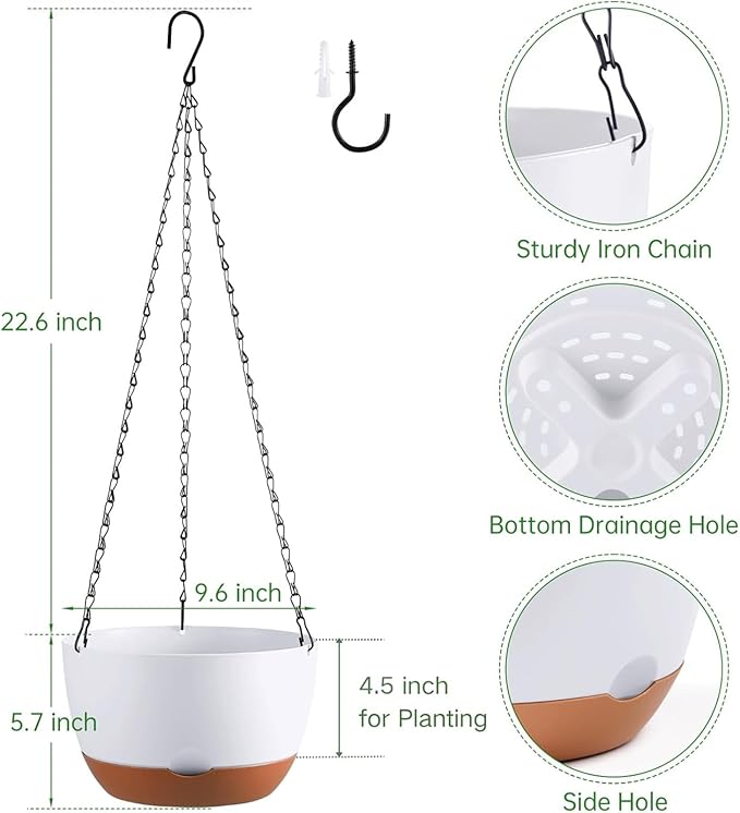 Hanging Planters for Indoor Plants, Set of 2 8/10 Inch Self-Watering Hanging Pots with Drainage Hole & Removable Water-Storage Tray II Screw-in Hooks