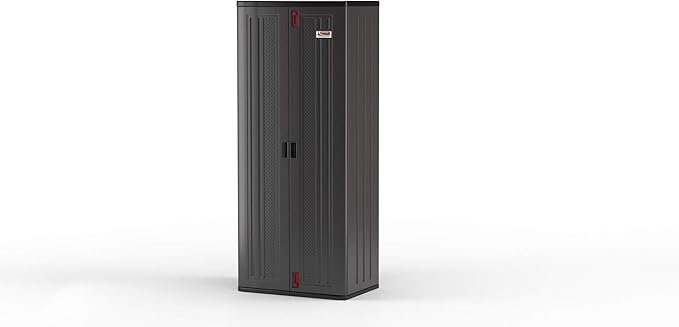 Suncast 19 Cubic Ft. Heavy-Duty Resin Cabinet with Lockable Handles, Multi-Wall Construction, and Metal-Reinforced Shelves for Basement, Utility Room and Garage Storage, Black, Made in the USA