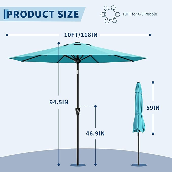Garvee 10FT Patio Umbrella - Outdoor Table Umbrella with Smooth Crank Lift, Push Button Tilt and 8 Sturdy Ribs - Market Umbrella UV Protection Waterproof for Pool, Deck, Yard, Garden (Sky Blue)