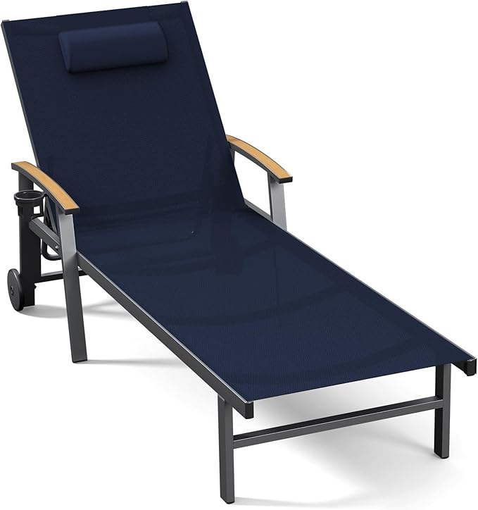 Ciokea Outdoor Lounge Chair with Pillow, 5-Position Aluminum Chaise Lounge with Wheels & Armrests, 400 lbs Heavy Duty Patio Pool Chair for Deck, Backyard, Beach & Poolside, Navy Blue