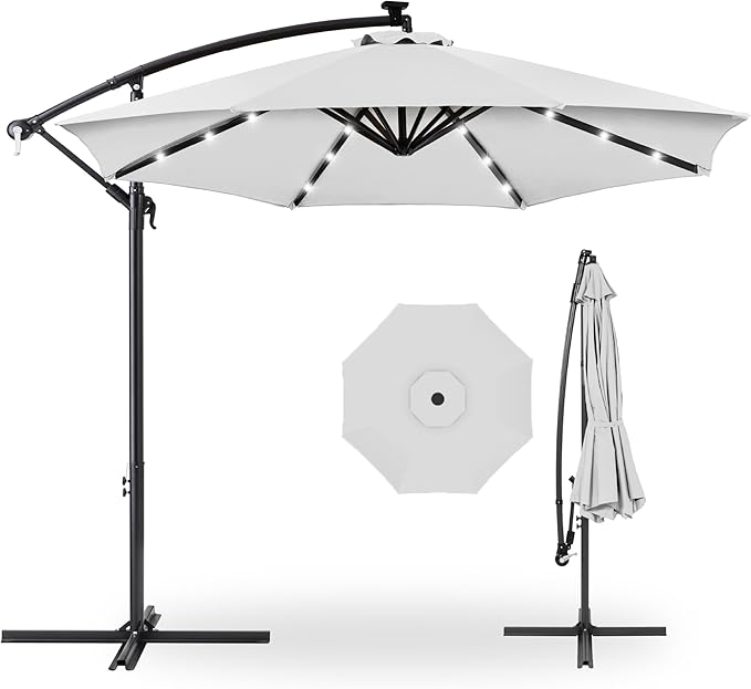 Best Choice Products 10ft Solar LED Offset Cantilever Hanging Market Patio Umbrella, 8 Sturdy Ribs, Easy Adjustment - Fog Gray