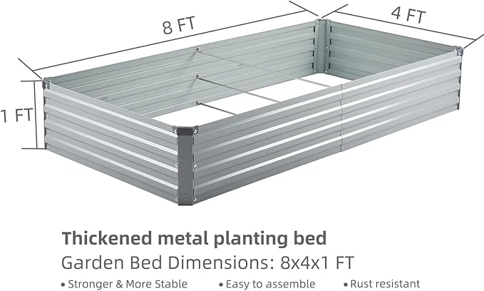 2 Pack 8x4x1FT Galvanized Raised Garden Bed Kit, Outdoor Metal Planter Box for Vegetables, Bottomless Rectangular Gardening Bed with Support Rods, Tool-Free Assembly, Gray