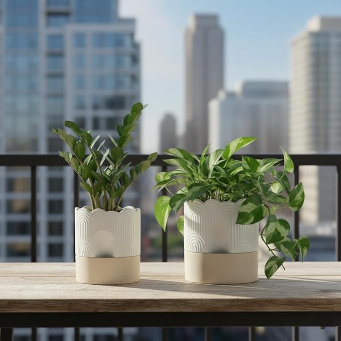 Nihow Self Watering Plant Pot for Indoor Plants with Wick: 8 Inch Ceramic Planter with Drainage Hole & Water Storage - Relief Design - Beige & Nature Flower Pot