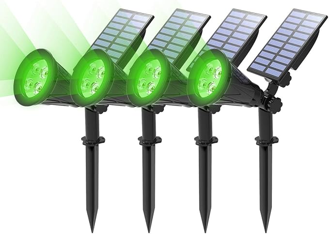 T-SUN Green Solar Spotlights, IP65 Waterproof Outdoor 4 LED Solar Garden Lights, Auto ON/Off Adjustable Wall Lights, 180°Angle Adjustable for Tree,Patio,Yard,Driveway,Stairs,Pool Area (Green-4 Pack)