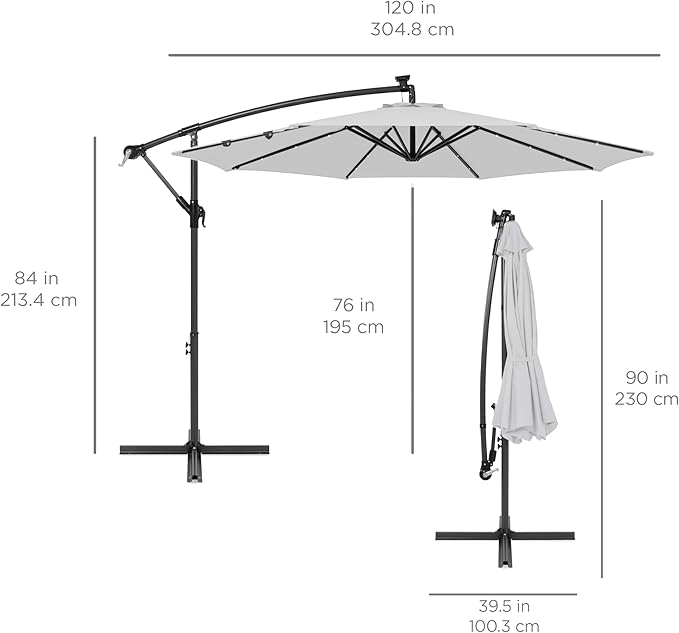 Best Choice Products 10ft Solar LED Offset Cantilever Hanging Market Patio Umbrella, 8 Sturdy Ribs, Easy Adjustment - Fog Gray