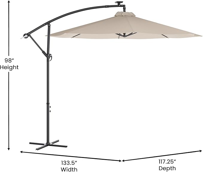 Flash Furniture Sedona Round Solar Cantilever Umbrella, Commercial Grade with Built in Cross Base, Crank and Tilt, 32 LED Lights, 6 Hour Run Time, 10 FT, Tan