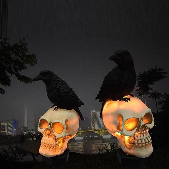 Outdoor Solar Lights, Crow Solar Lights Outdoor Waterproof Halloween Skull Light with Stakes Solar White Crow Light Garden Decor for Yard, Lawn