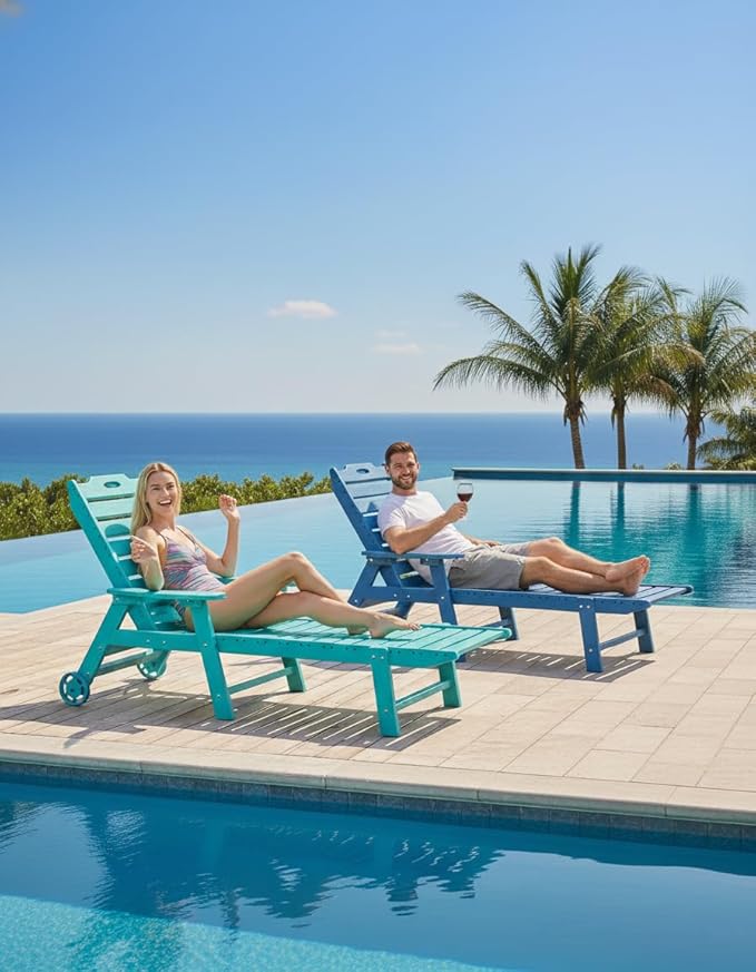 Carauci Lounge Chair Outdoor Set of 2, HDPE Chaise Lounge with Wheels, 5-Position Adjustable Backrest & 2 Cup Holders Patio Lounge Chair, All-Weather Pool Sun Lounger for Poolside, Backyard, Lake Blue