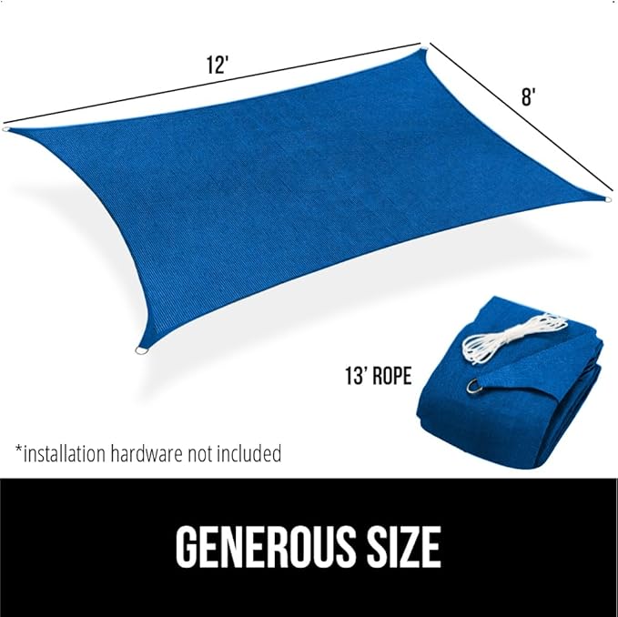 GORILLA GRIP Heavy Duty Sun Shade, UV Protection Fade Tear and Rust Resistant Rectangle Sunshade Canopy, Curved Edges Blocks Sunlight, Breathable Sail, Outdoor Patio, Lawn Garden, 8x12 FT Blue
