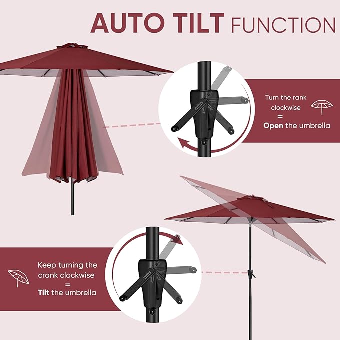 Tempera Patio Market Outdoor Table Umbrella with Auto Tilt and Crank, Large Sun Umbrella with Sturdy Pole & Fade Resistant Canopy, Easy to Set