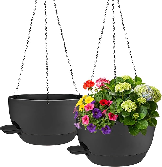 2 Pack Hanging Planters for Indoor Outdoor Plants, 12 Inch Self Watering Hanging Pot with Drainage Holes and Saucer, Plastic Plant Pots, Black Flower Pots for Kitchen, Balcony, Garden