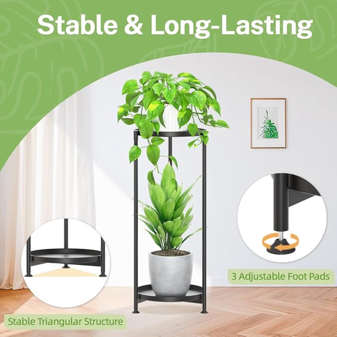 iDavosic.ly 2 Tier Corner Plant Stand Indoor, Tall Vertical Metal Flower Heavy Duty Pot Holder Shelf Outdoor for Patio Porch Living Room, Modern Black - Round