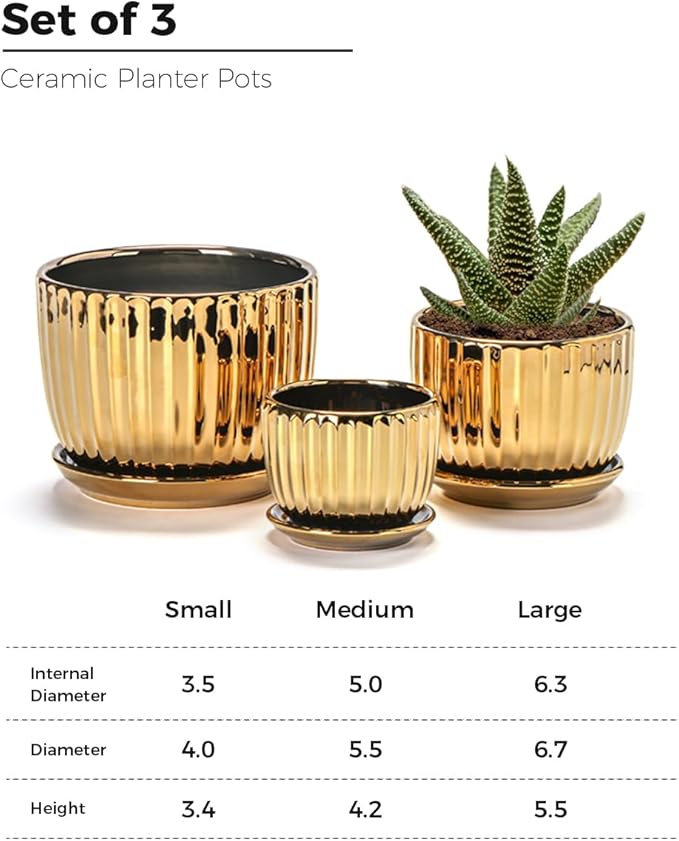 Ton Sin Gold Plant Pots,4.1+5.1+6.5 Inch Ceramic Succulent Planters Set of 3 Mini Indoor Flower Pot with Drainage,Handmade Decorative Ceramic Orchid and Herb Pots(Gold)