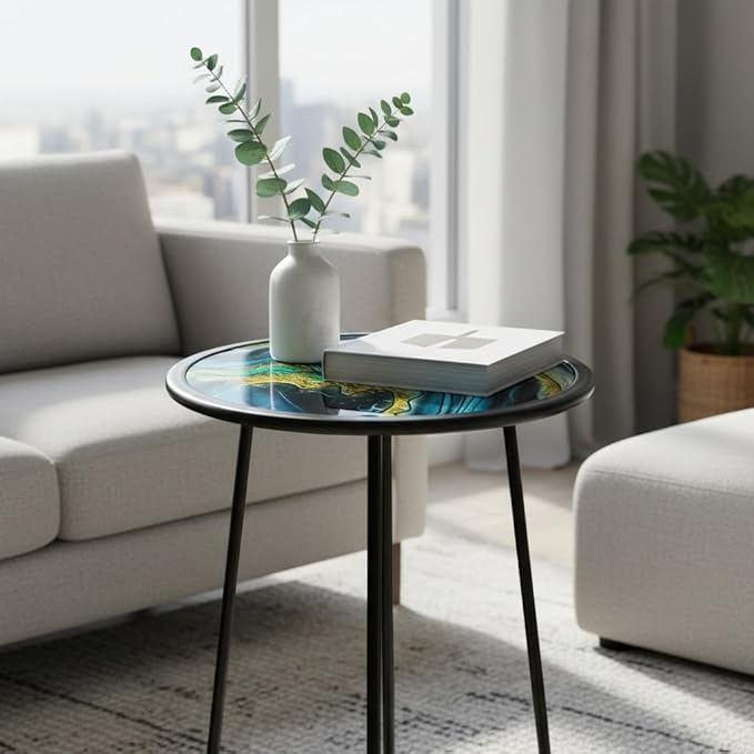 LIFFY Patio Side Tables,12" Indoor Outdoor Metal Side Table with Glass Tabletop,Round Decorative Plant Stand & Accent Table for Garden, Yard, Balcony, Backyard, Porch