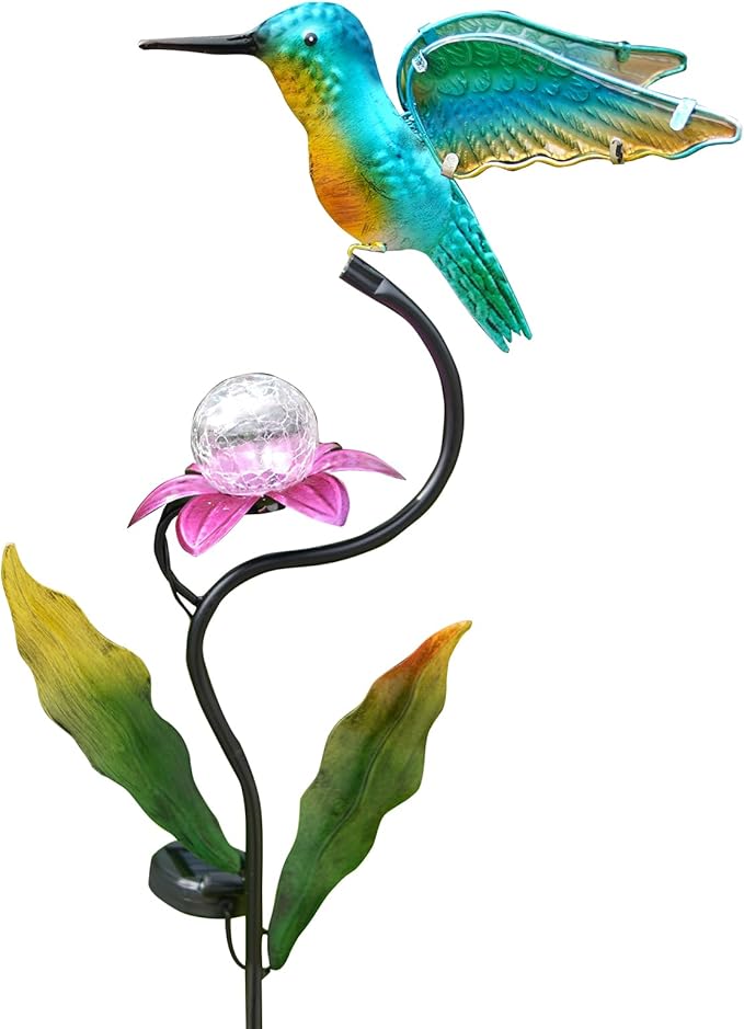 HONGLAND 46 Inch Solar Hummingbird Lights, Solar Garden Decor with Cracked Glass Ball, Hummingbird Decorative Garden Stakes Outdoor Waterproof for Lawn Patio Yard Porch, Gifts for Mom
