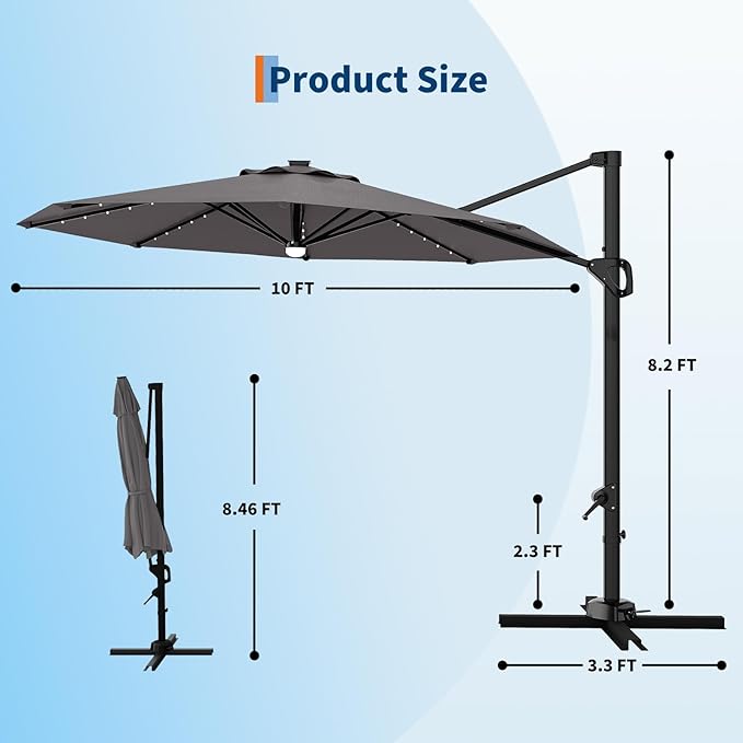 Garvee 10 ft Cantilever Patio Umbrella with Solar Lights, 360° Rotation Offset Umbrella, Easy Crank & Tilt Adjustment, UV Protection for Backyard, Poolside, Deck -Gray
