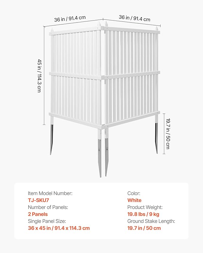 VEVOR 2 Panels Outdoor Privacy Screen, 36 x 45 in Air Conditioner Fence with 19.7 in Ground Stakes, Pool Equipment Enclosure, Strip Vinyl Privacy Fence, Ideal for Trash Can and A/C Units, White