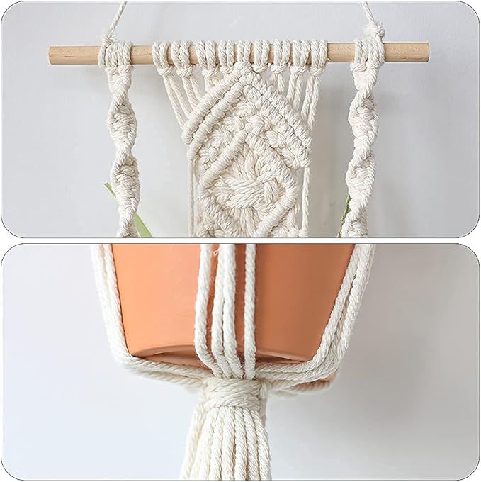Artilady Boho Macrame Plant Hangers - Handmade Hemp Rope Hanging Baskets for Plants with Ceiling Hooks, Bohemian Home Decor Wall Art (White Wood Hanger-2pcs)