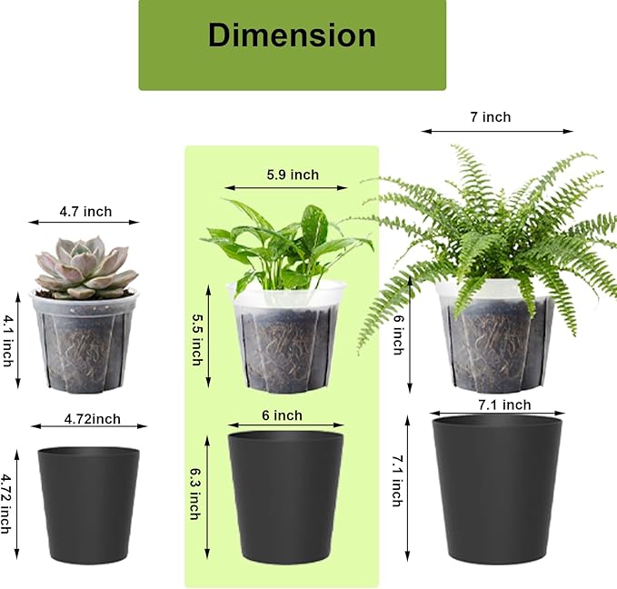 3 Pack of 6in Plastic Cachepot with 6 inch Clear nusery Pot - self Watering Indoor Planter with Drainage for Root Visibility,semi Hydro pots for repotting Orchids,Aroid or Monstera,Black