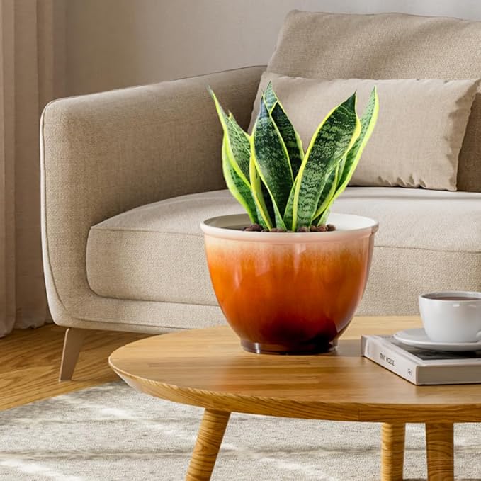 Plastic Plant Pots 8 Inch, 4 Piec Flower Pots with Drainage Hole, Modern Sleek Decorative Planter for Indoor Outdoor Succulent Snake Plants(Orange)