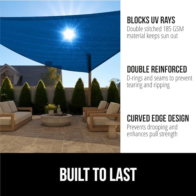 GORILLA GRIP Heavy Duty Sun Shade, UV Protection Fade Tear and Rust Resistant Rectangle Sunshade Canopy, Curved Edges Blocks Sunlight, Breathable Sail, Outdoor Patio, Lawn Garden, 16x16x16, Blue