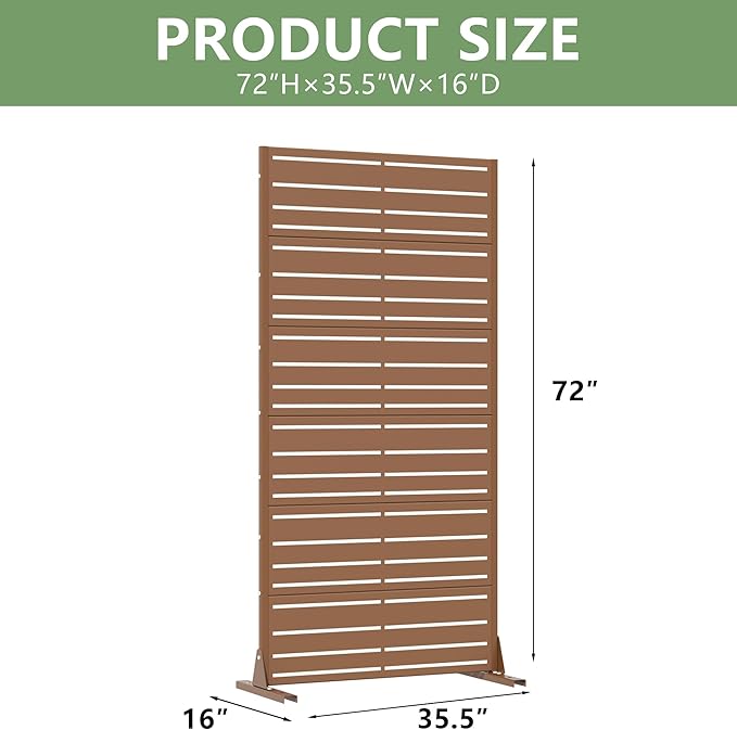 Casaphoria Metal Privacy Screen Outdoor, 72" H x 35" W Freestanding Decorative Privacy Screen for Patio Deck Balcony Garden with Stable Base, Brown-Benjamin